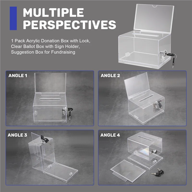 AF93-1 Pack Акриловая коробка для пожертвований с замком, прозрачная коробка для голосования с держателем для знаков, коробка для предложений для подбора средств