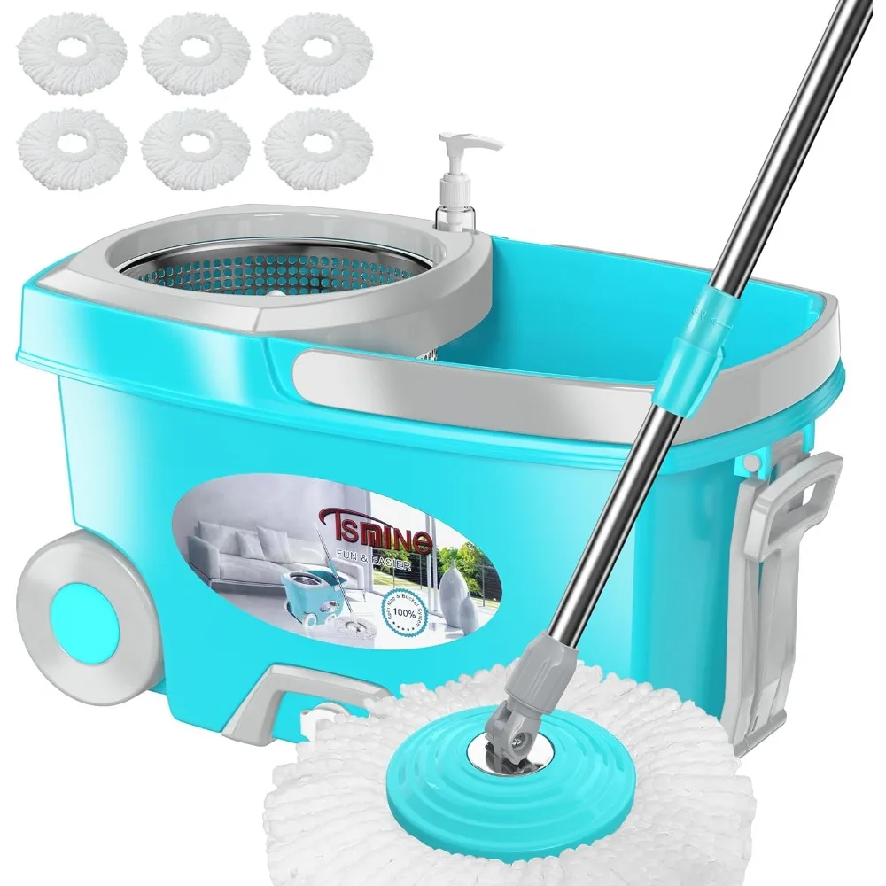 

Spin Mop and Bucket,Mop and Bucket with Wringer Set for Home,360 Spinning Mopping Floor Cleaning Tool with 6 Microfiber