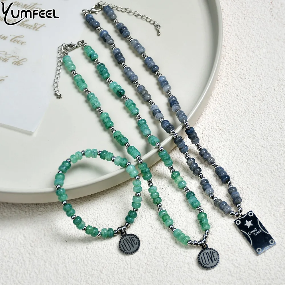 Yumfeel Fashion Cracked Crystal Beads Necklaces Natural Stone Green Agate Stainless Steel Love Pendants Necklaces Women