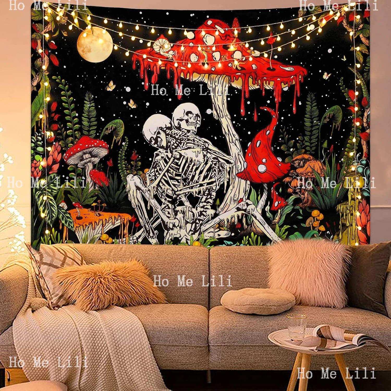 Uspring Skull Mushroom Skeleton Lovers Vintage Plants Moon Garden Galaxy Gothic Wall Tapestry For Bedroom Aesthetic Decor