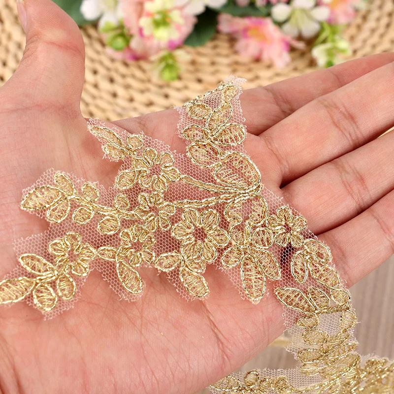 2 Yards Gold Cording Fabric Flower Venise Venice Mesh Lace Trim Applique Sewing Craft for Wedding Dec. 4.7cm wide