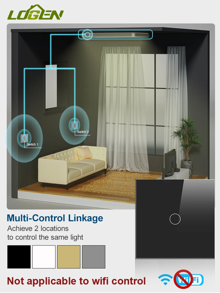 LOGEN Double-touch Switch 1/2/3Gang 2 Way Stair Switch EU Standard Need't Neutral Wire Glass Panel Wall Switch Stair Switch