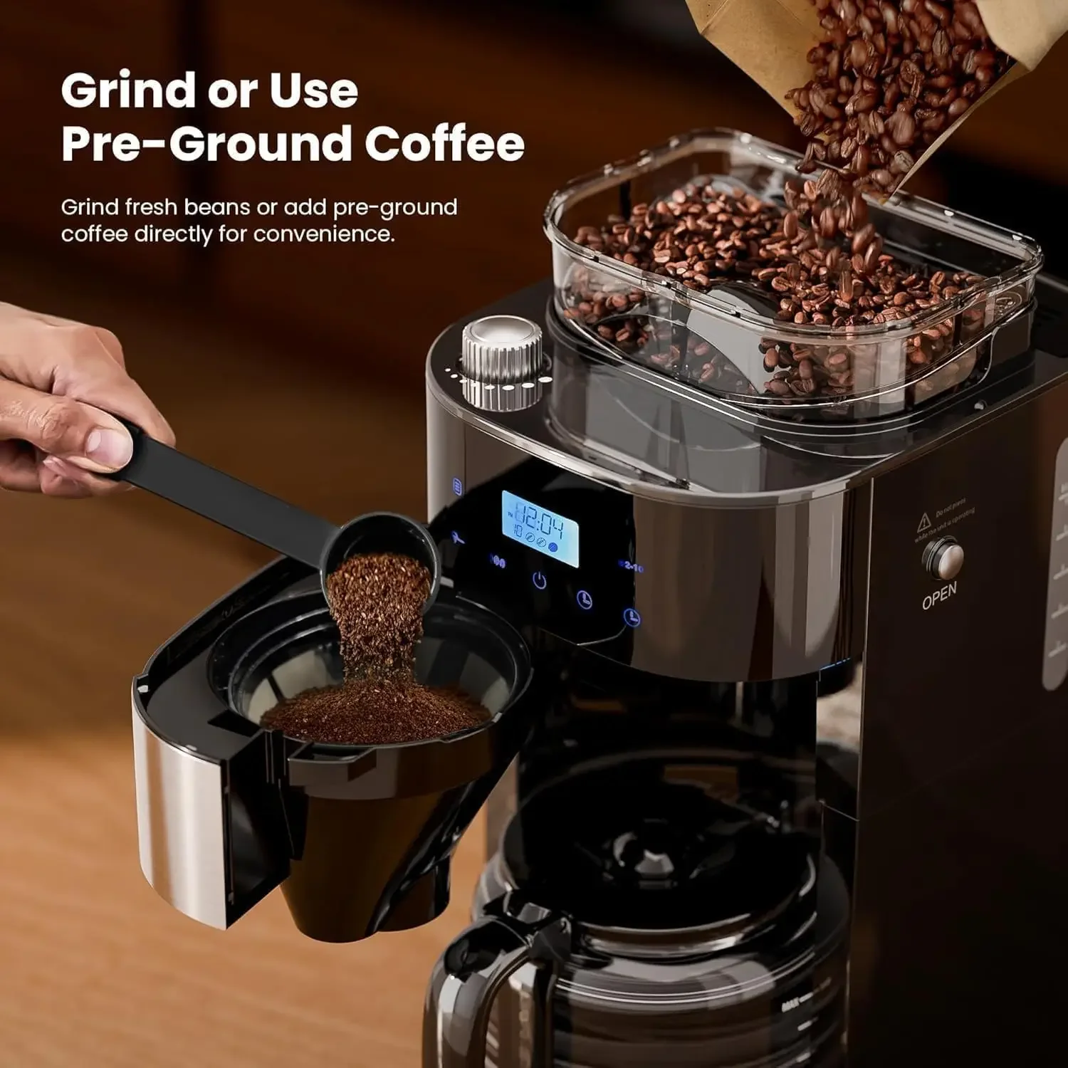 10 Cup Drip Coffee Maker with Grinder Built In, Descaling Alert | Adjustable Grind & Brew Strength, 24H Timer, 2H Keep Warm, Reu