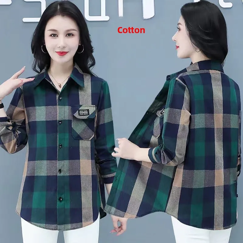 

Women's Plaid Cotton Linen irt Long Sve Sun Protection Faionable Mom Clothes Breathable Summer Top Collar Design