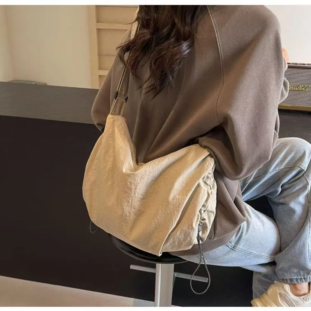 

Retro Nylon Hobo Bag Large Capacity Solid Color Dumpling Bag Adjustable Strap Drawstring Shoulder Bag Ladies ​