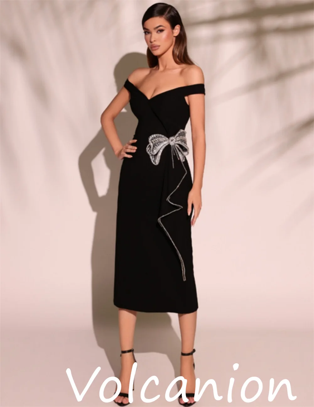 ที่กําหนดเองคลาสสิกประณีต Jersey Bow Sequined A-Line Off-the-shoulder Midi ชุด Bespoke โอกาส Retro