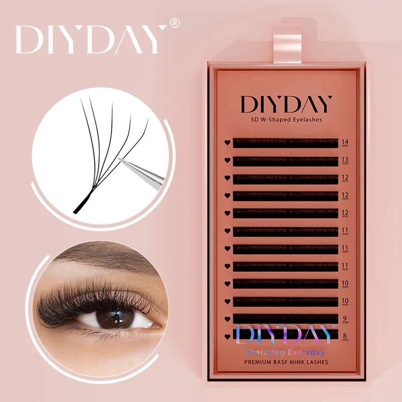 Diyday-5D W-Shaped Cílios Extensão, Natural Lash, Full Dense, Maquiagem, Lash, Super Macio, W Volume, Lash