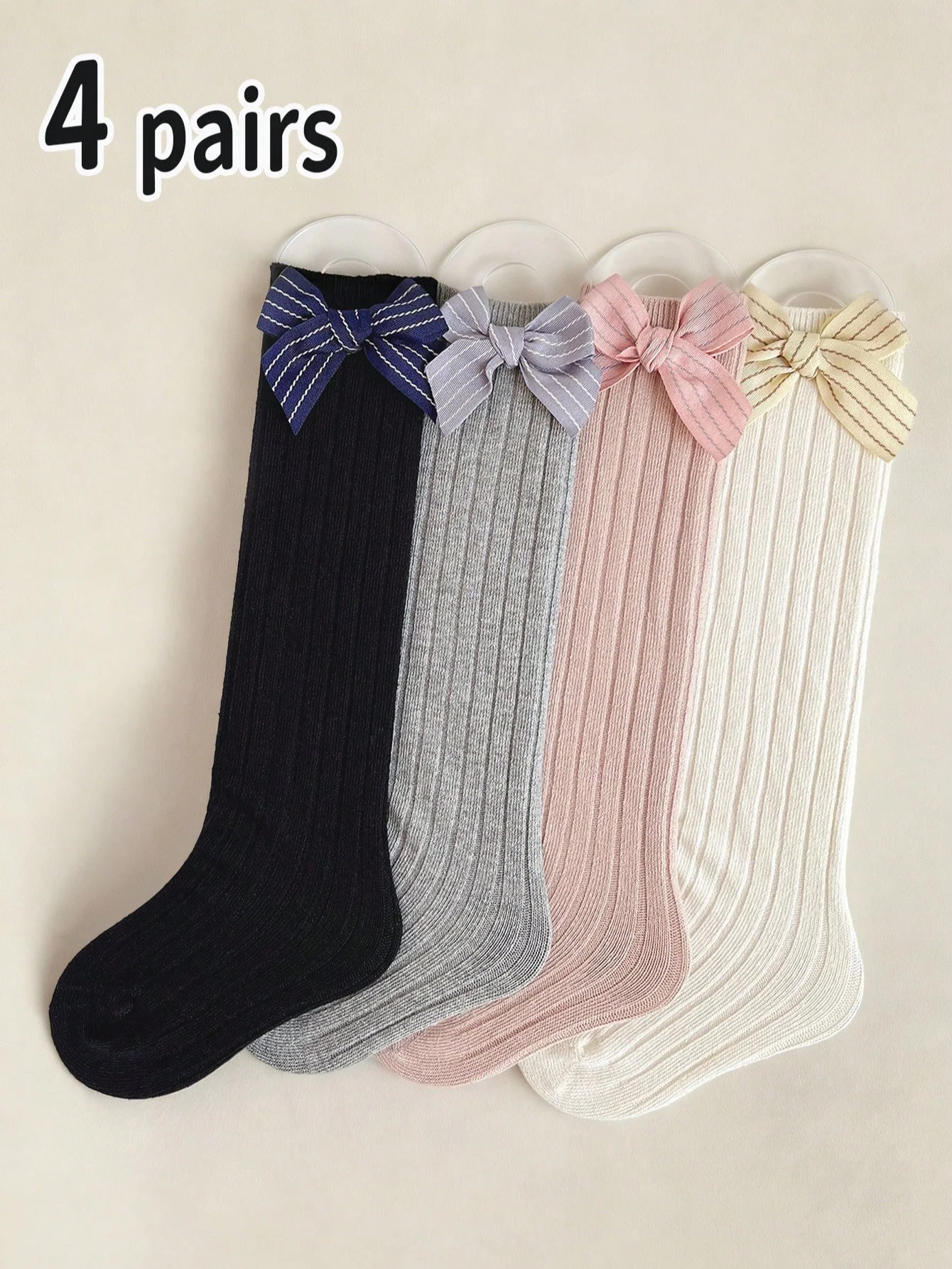 4 Pairs of Girls' Solid Color Striped Stockings with Striped Bow Decorations, Soft and Comfortable Socks for 1-7 Year Old School Girl Outfits