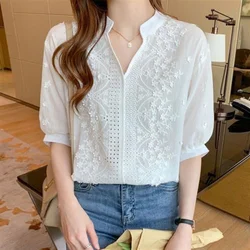 2024 Summer Korean Commuting Minimalist Fashion Loose Blouse Half Sleeve Stand Collar Hollow Out Embroidery Women's Shirt Top