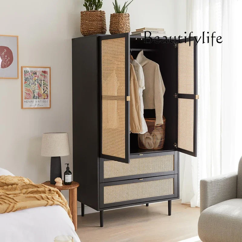 

Japanese-style solid wood rattan wardrobe small apartment bedroom simple antique double door wardrobe
