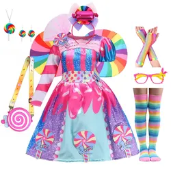 Lollipop Print Candy Dress Purim Festival 2025 Girl Costume with Headband One Full Sleeve Cheerleader Dress Carnival Parade Robe