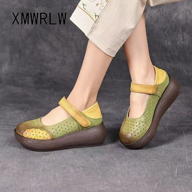 XMWRLW 2026 Summer Platform Sandals Women Genuine Leather Shoes Thick Sole Ladies Summer Shoes Retro Style Handmade Sandals Shoe