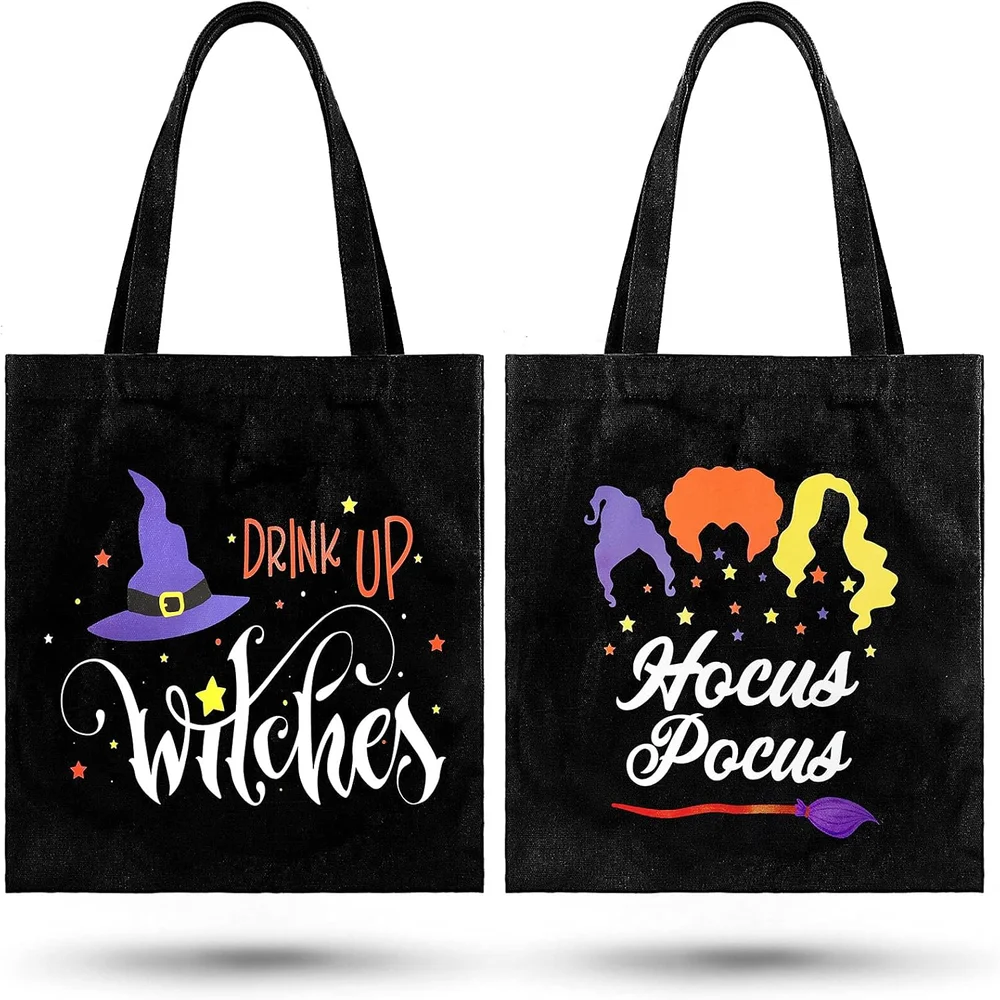 Halloween Canvas Tote Bags Hocus Pocus Witch Theme Shopping Bag with Handle Candy Grocery Bag Trick or Treat Bag Party Favor