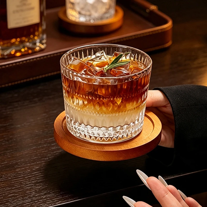 280ml Vintage Embossed Glass Tumbler Multipurpose Cold Brew Iced Americano Coffee Cup Whiskey Cocktail Drinking Glass for Bar