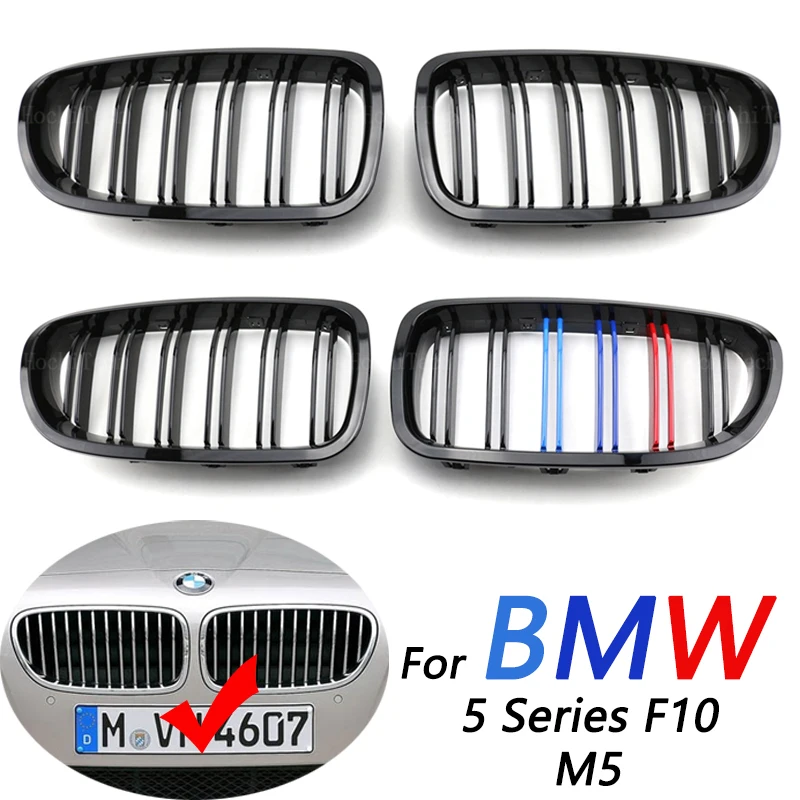 2Pcs Car Style Gloss Black Front Kidney Double Slat Grill Grille for BMW 5 Series F10 F11 F18 2010-2017 Dual Line Racing Grilles