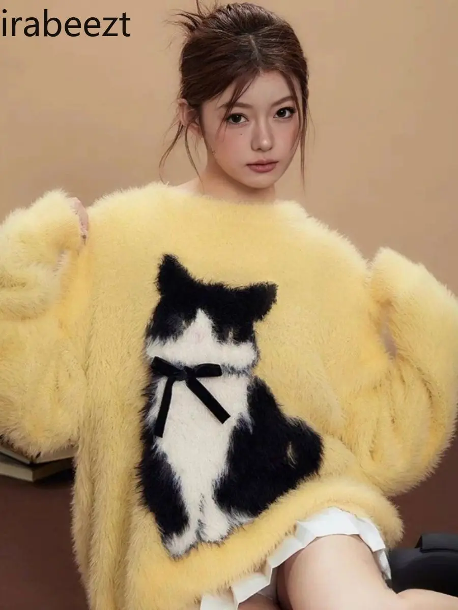 Chinese Fluffy Sweater Female Kitten Bow Loose Fit Wind Long Cute Knitted Top LOOSE FIT Womans Long Sleeve Pullovers