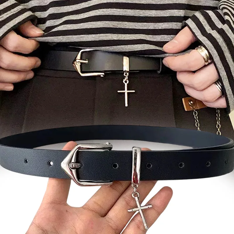 

Ремень с подвеской в стиле панк, хип-хоп, готический, с металлической пряжкой, черный пояс из искусственной кожи, женские и мужские джинсовые брюки, поясной ремень, аксессуары