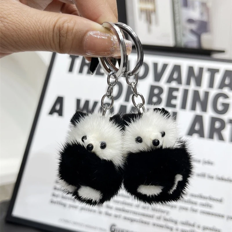 Mink Fur Panda Keychain Bag Pendant Creative Cute Black White Panda Mobile Phone Bag Plush Keyring Accessories