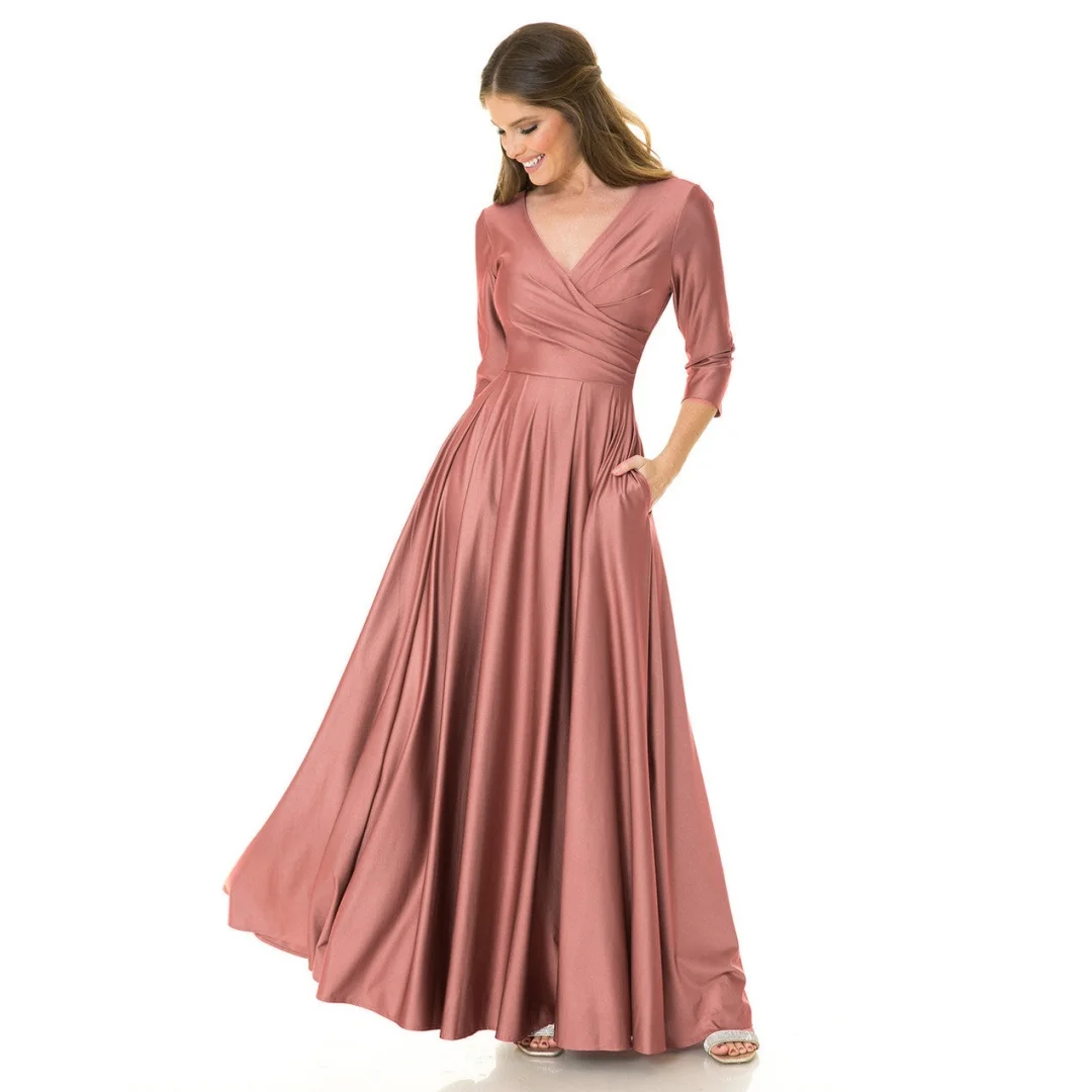 Satin V-neck 3/4 Sleeves Mother of the Bride Dresses With Pockets Simple Women's Formal Evening Gowns Elegant Long Guest Dress
