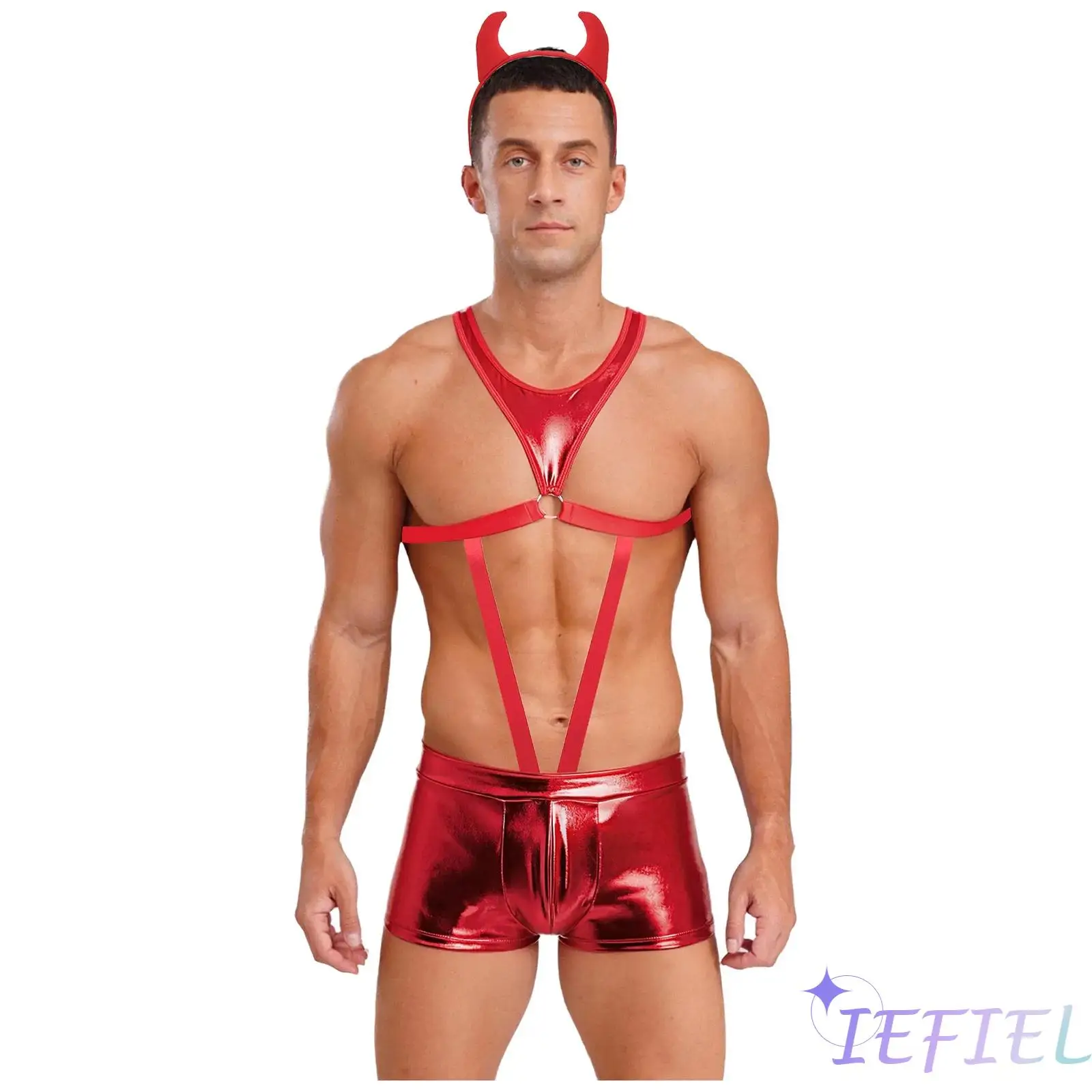 

Bold Metallic Mankini Bodysuit for Men with Devil Horn Headpiece Strategic Cutouts Perfect for Halloween Parties Cosplay Events