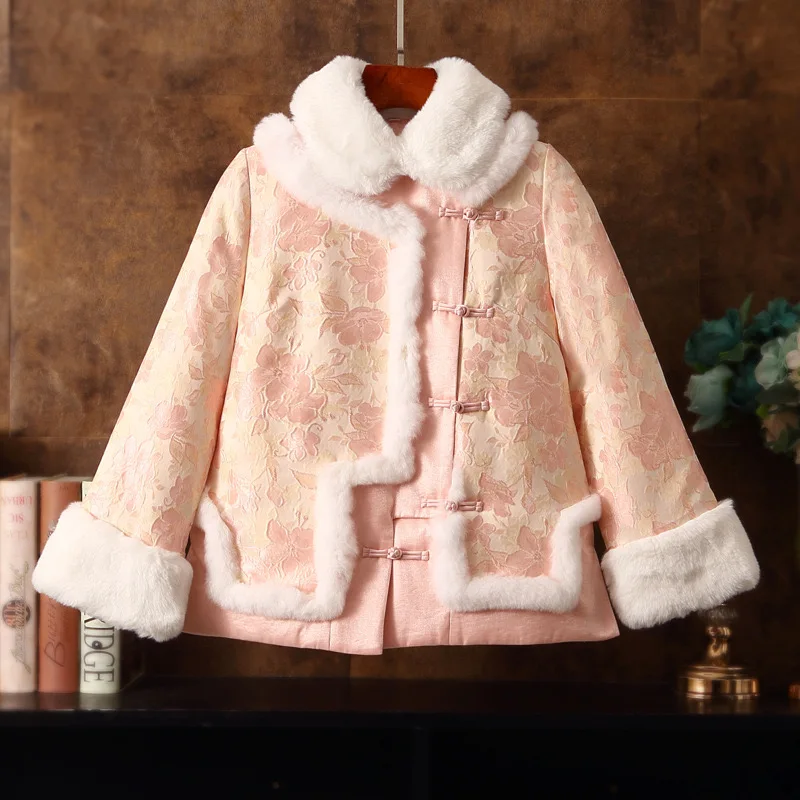 New Year Winter Chinese Furry Collar Coat Women Tangsuits