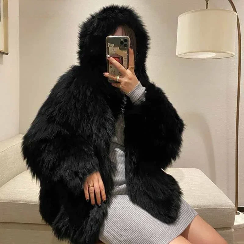 Winter Shaggy Hairy Thick Warm Soft Colored Faux Fur Jacket Women with Hood Bat Sleeved Loose Casual Designer Clothes