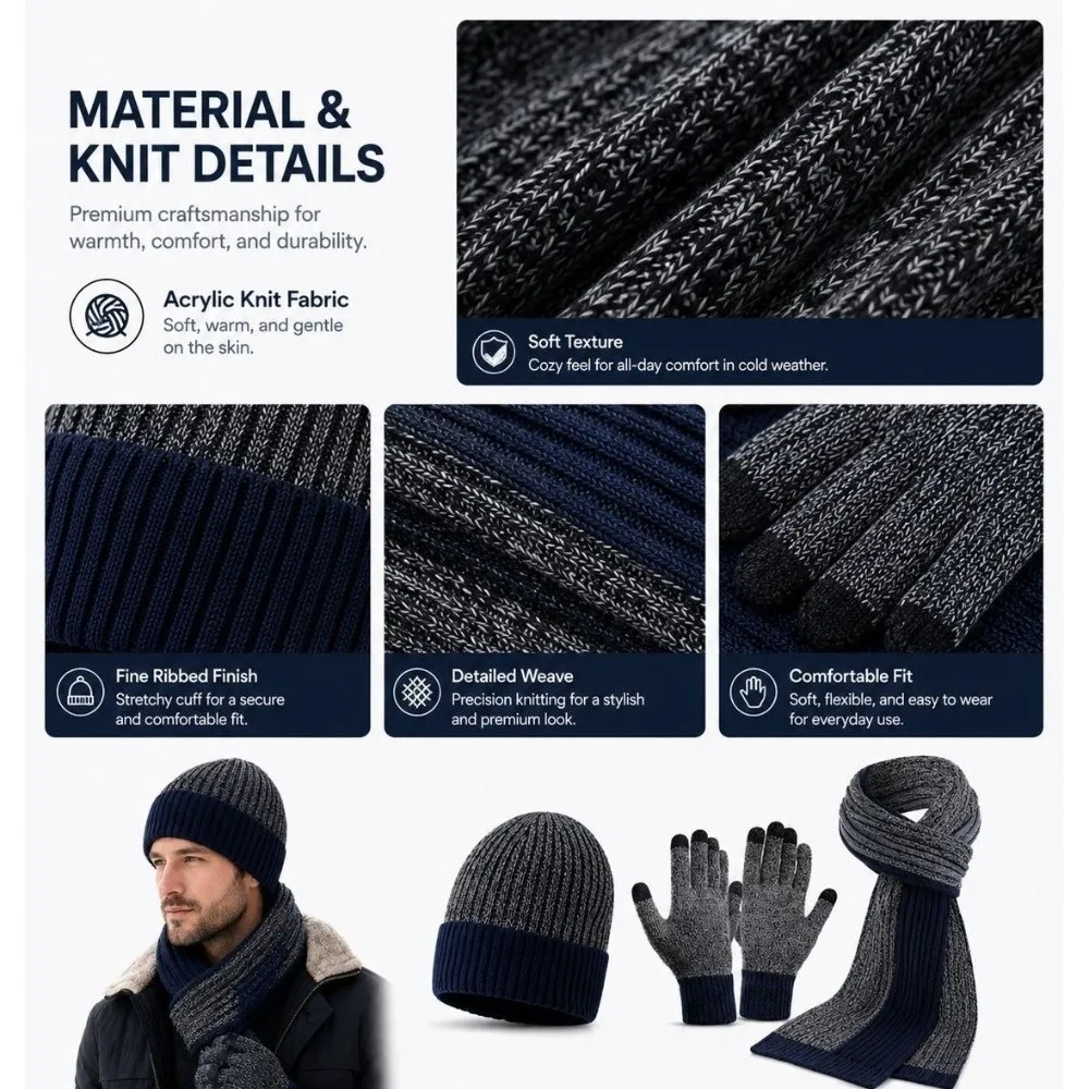 3Pcs/Set Warm Winter Hat Scarf Gloves Set Lining Thicken Knit Beanie Snood Set Windproof Non Slip Touchscreen Gloves for Men