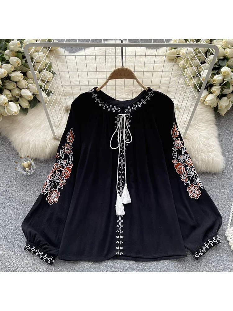 Women Spring Autumn Blouse French with Foreign Air Thin Retro Ethnic Style Embroidery Printing Lace Up Chic Shirt Tops D2533