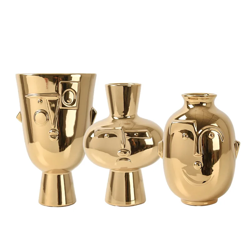 Luxury creative design gold head statue vase modern art abstract side face vase ceramic head vase wholesale