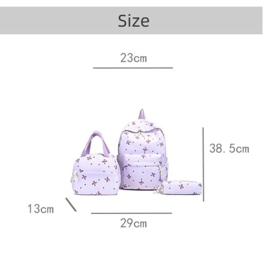 مجموعة حقيبة ظهر مكونة من 3 قطع على شكل فيونكة منقطة ذات سعة كبيرة وأشرطة قابلة للتعديل حقيبة ظهر مدرسية مع حقيبة غداء مقلمة متعددة الجيوب