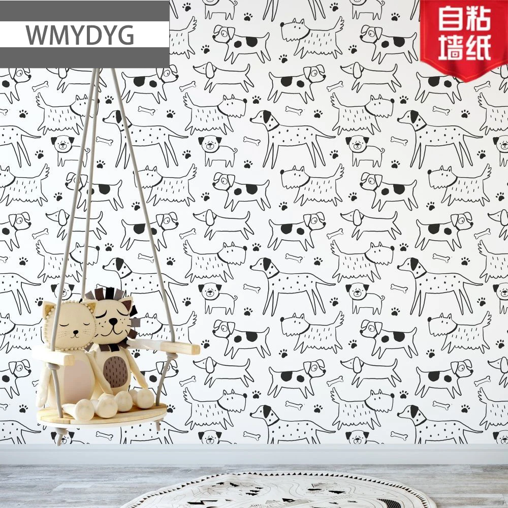 Kids Room Nursery Dog Wallpaper Self Adhesive Removable Black White Puppy Paw Print Wall Sticker for Children Bedroom Decoration