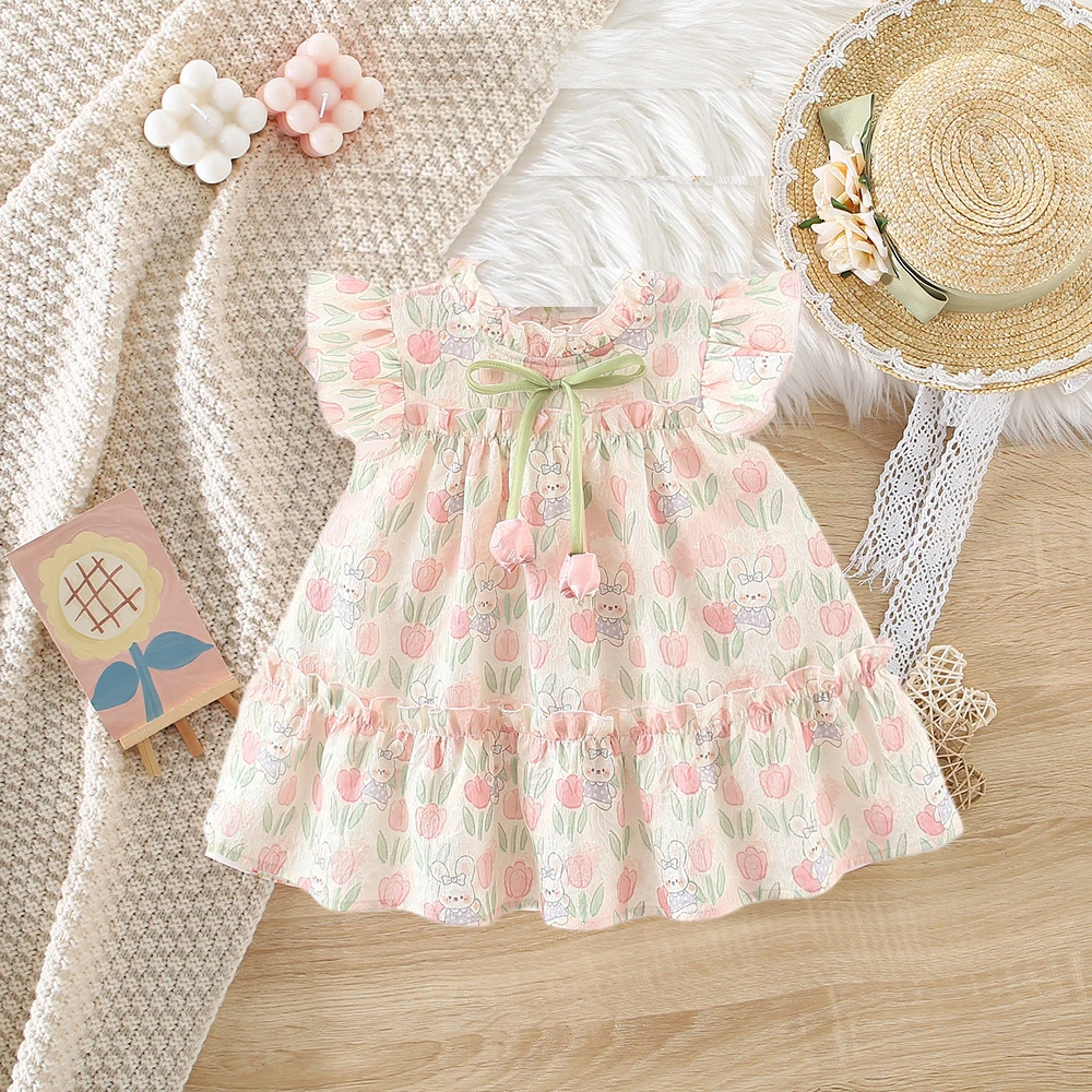 Summer Covered In Tulip Flowers Rabbit Little Flying Sleeve Dress For Kids Girl Cute Princess Dress For Baby Kids