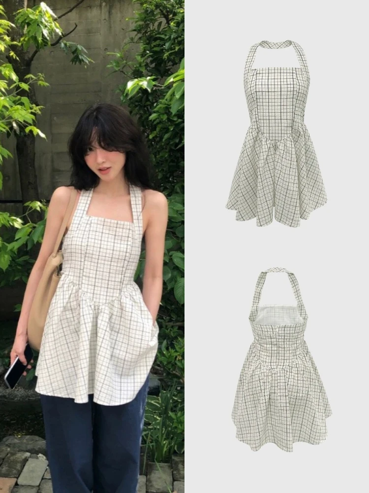 

Sweet Sle Plaid Ne Hanging Strap Vest Waist Inward ort Top Винтажная верхняя одежда Small irt Dongda Gate Асимметричный облегающий крой