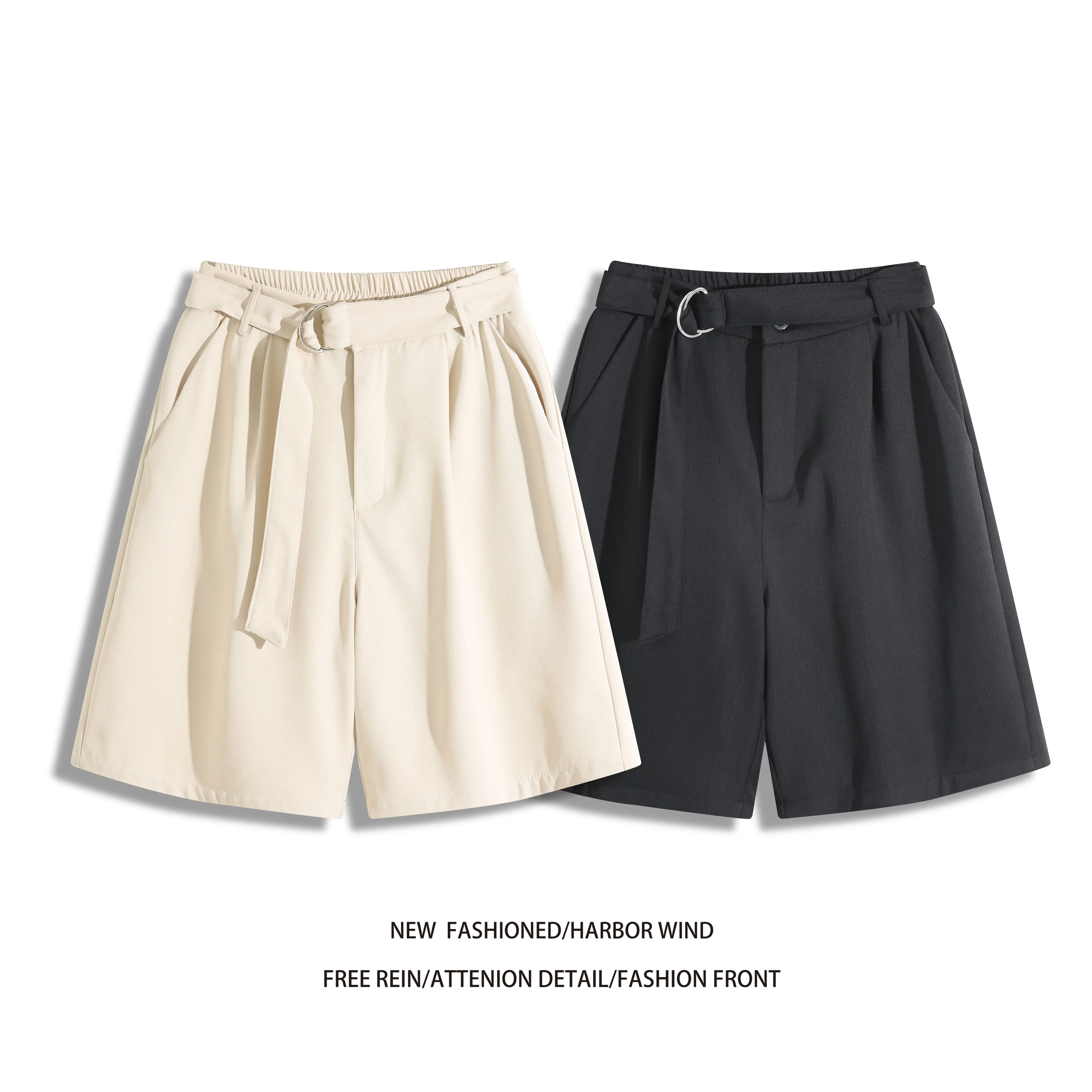 Men's High Waist Knee‑Length Casual Shorts 100% Polyester Fabric With Decorative Belt Loose Wide Leg Summer Business Street Shor