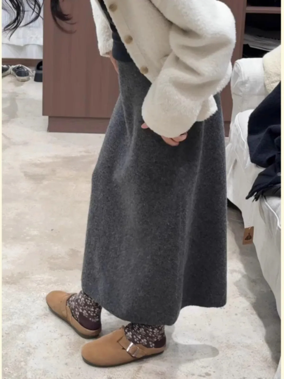 

Women's Petite High-Waisted Knit Pencil Skirt, Grey Slimming Fall Winter Midi