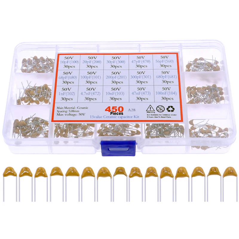 450pcs 15 Values Monolithic Capacitor Set 50v Multi-layer Assortment Box 10pf To 100nf Electronic Components Capacitor Kit