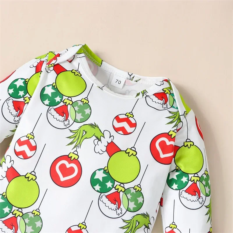 Baby Girls 2 Piece Outfits Christmas Ball Print Long Sleeves Romper and Plush Suspender Green Skirt Fall Spring Clothes