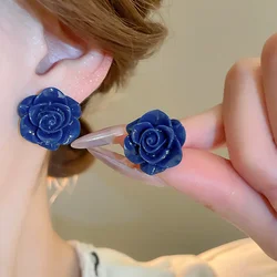 Retro Deep Blue Resin Rose Temperament Stud Earrings Women Delicate Romantic Flowers Earrings Party Jewelry Gift Accessories K-