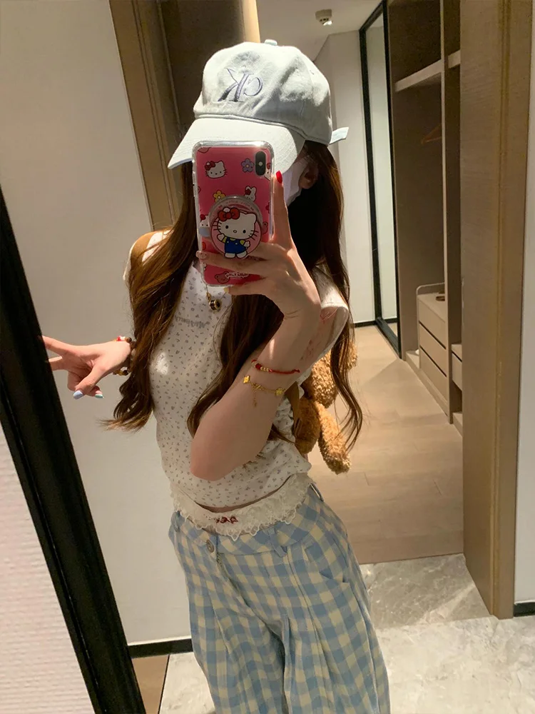 Blue Plaid Wide Leg Pants Women's Summer Thin Casual Drapey Slimming Small Size Straight Leg Trousers High Waist Loose Fit