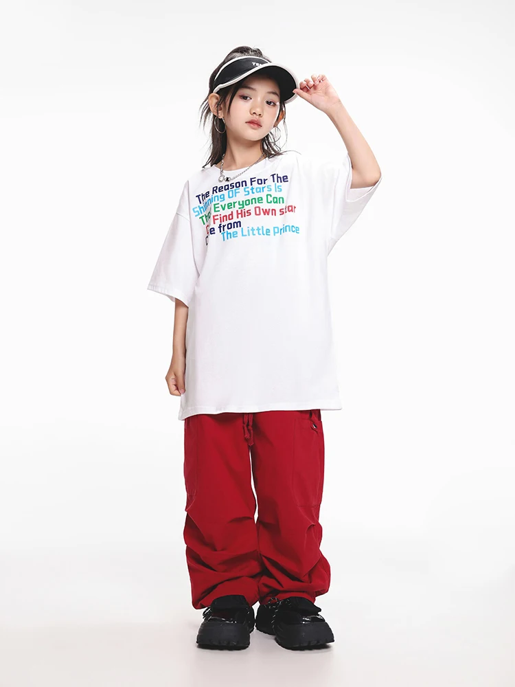 Ropa de calle para niños y niñas, Tops sueltos blancos, pantalones Cargo rojos, trajes de escenario de actuación moderna de Jazz, DQS16392, nuevo