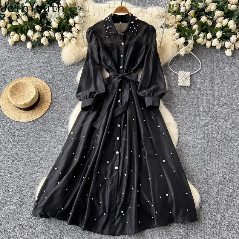 Vintage Robe Femme Heavy Beading Lapel Neck Maxi Dresses Sexy Bandage Slim Waist Bottoming Camisole Dress Women Two Piece Sets