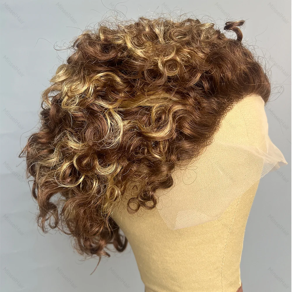 Pixes peruca curta encaracolada cabelo humano real renda frontal 13x1 hd renda P4-27 linha fina natural orelha a orelha