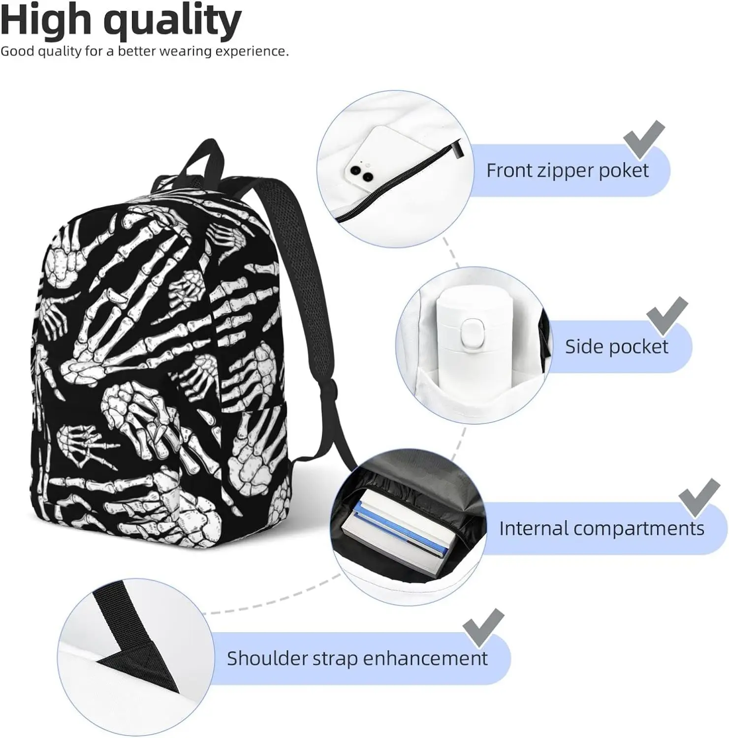 Backpack Casual Lightweight Halloween Skeleton Hands Laptop Backpack Men Women Travel Bag Outdoor Canvas Daypack