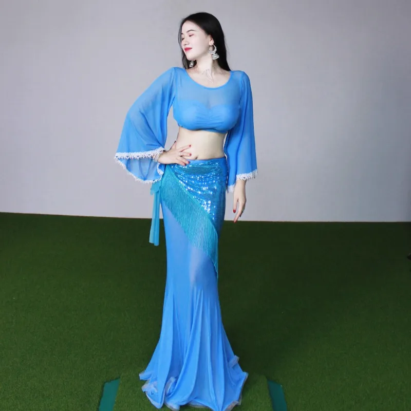 Trajes de danza del vientre personalizados, falda de cola de pez azul de alta gama, conjunto de actuación, traje de clase de temperamento, Top y falda