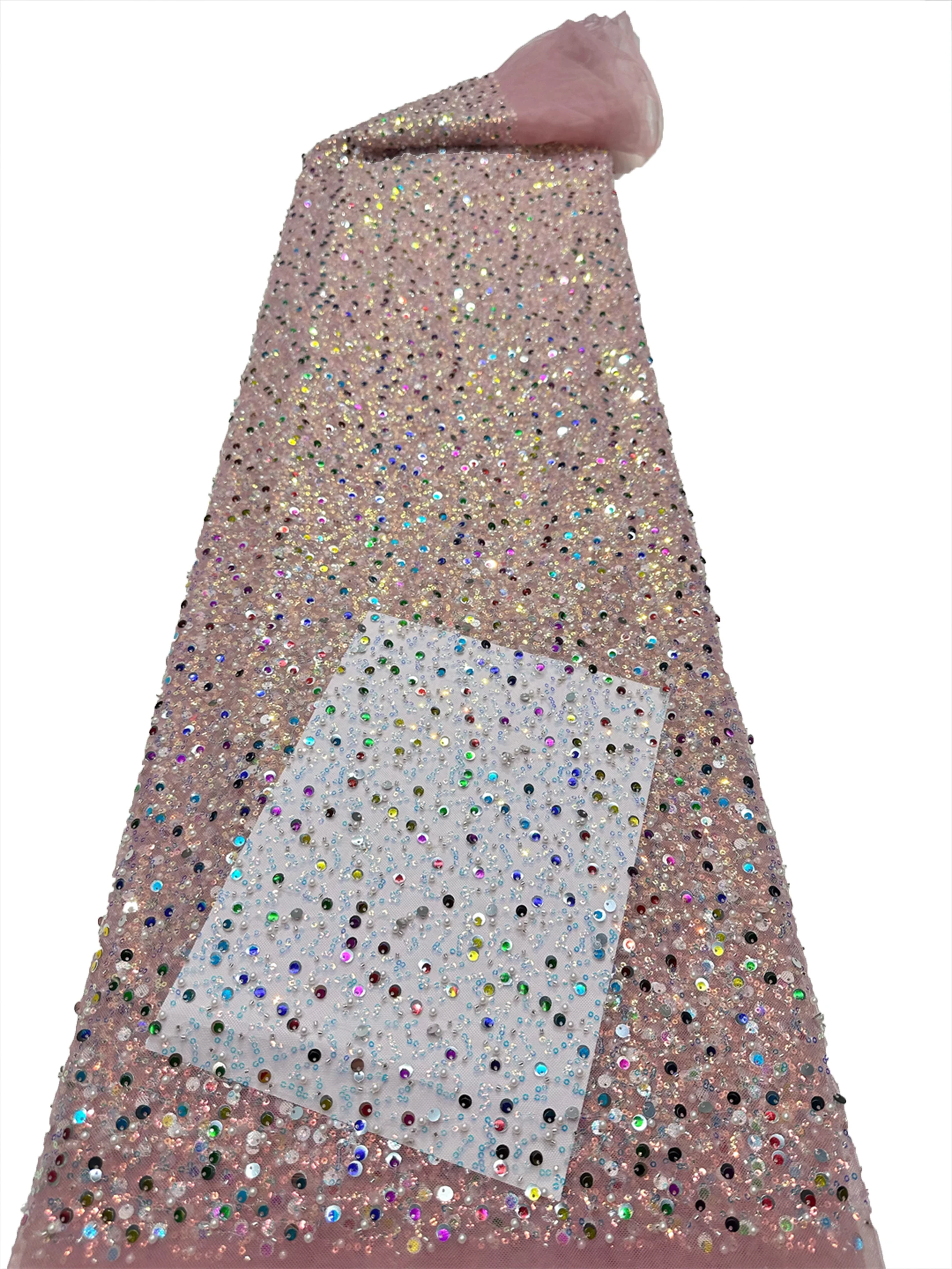 Newest Sequins beaded Tube Embroidery Lace Material 5 Yards African Shiny Tulle Lace Women Mesh Beaded Lace For Party Dress Sew