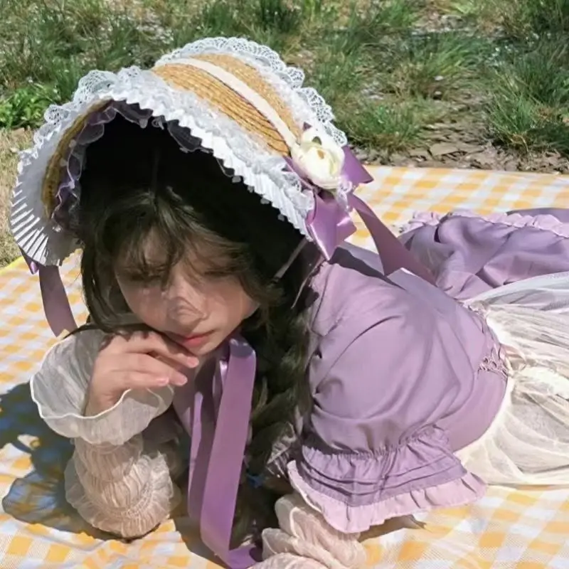 Pastoral Style Lolita Straw Hat Multi-color Lace Bow Flat Bonnet Hanfu Mixed Style Sunshade Fashion Hair Accessory For Girls