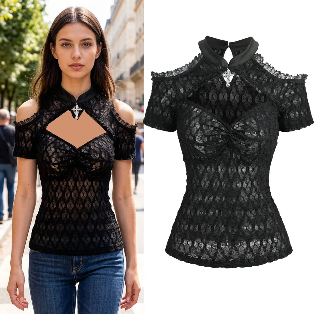 New Gothic Cold Shoulder Tops Women\'s Crochet Mesh Semi See Through Shirt with Cut Out Panels, Twist Front Cropped T-Shirt