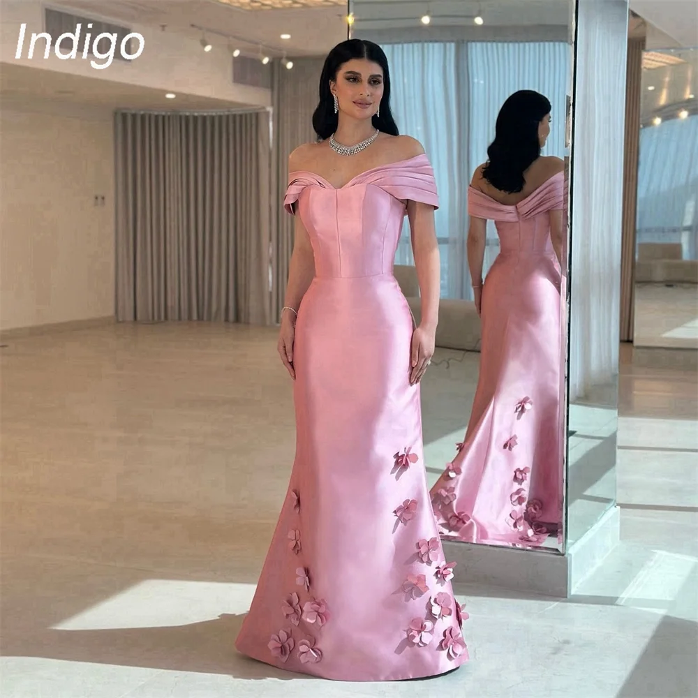 

Indigo Pink Off The Shoulder Flowers Mermaid Evening Dress Pleat Open Back Train Formal Party Prom Gown فساتين سهرة Customized