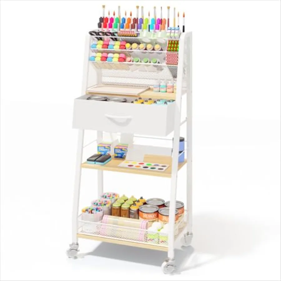 

3 Tier Rolling Cart Metal Utility Cart with Storage Drawer and Wheels Maple Art Craft Organizer for Home Office or Studio Stori