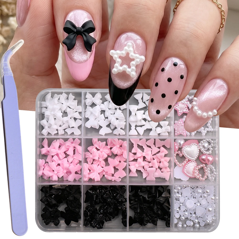 Pink White Resin Pearls Bow Tie Nail Art Decorations With Tweezers Tool 3D Hollow Out Star Heart Shaped Nail Charms Accessories